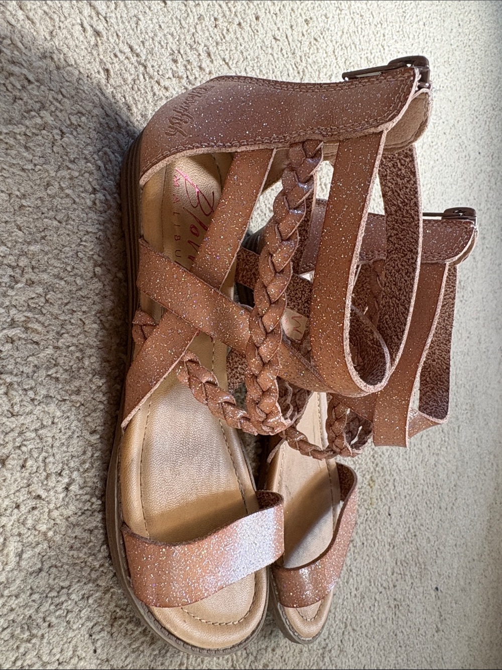 Girls' Glitter Braided Brown Sandals with Ankle Strap